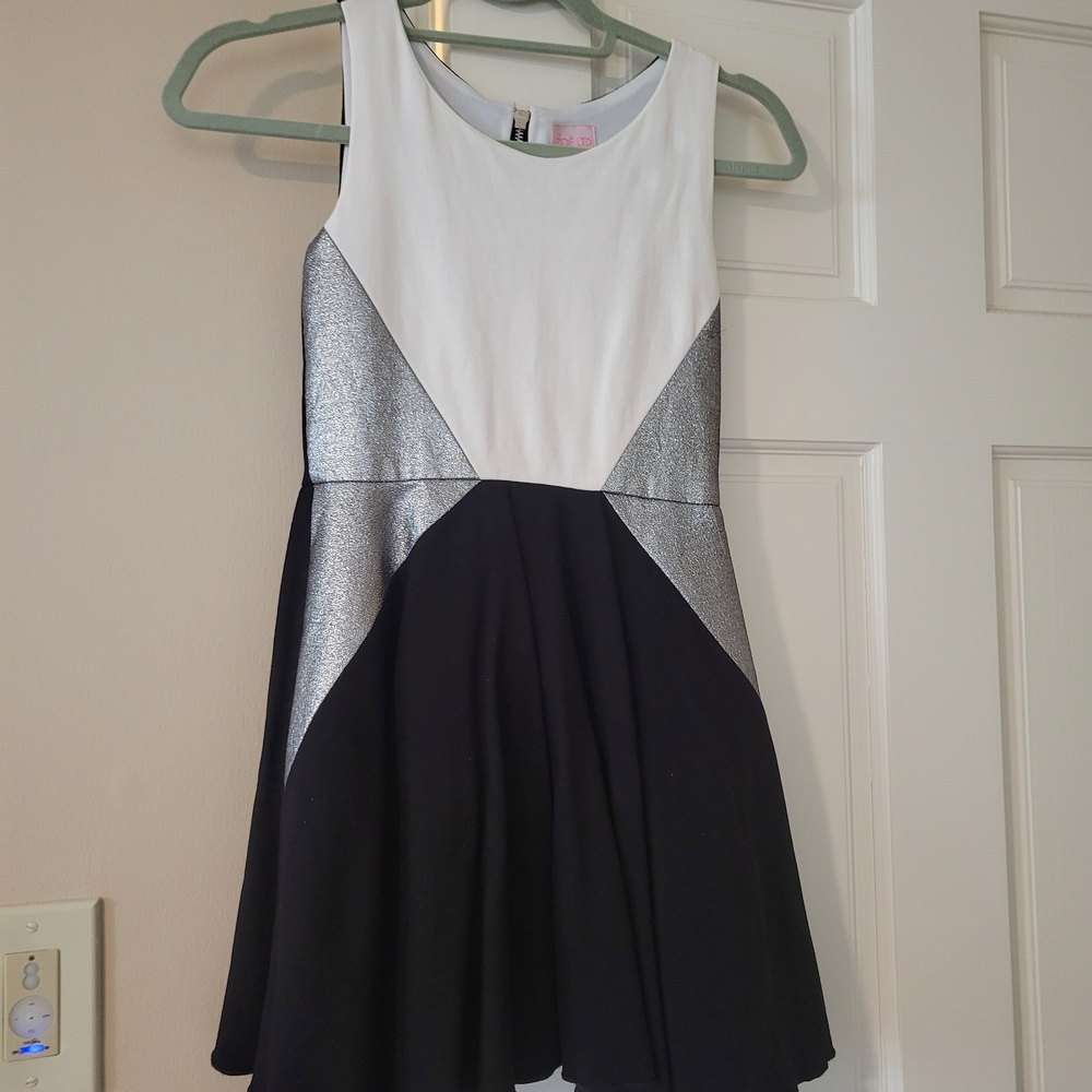 Zoe Ltd Black and White Kids Dress with Silver Panels Size 10
